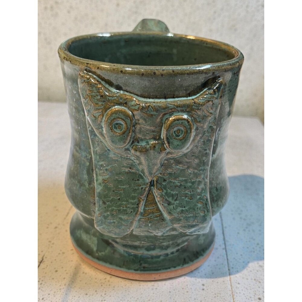 Handmade Foos Pottery Green Clay Owl Mug With Handle Rustic Pottery Coffee/Tea C